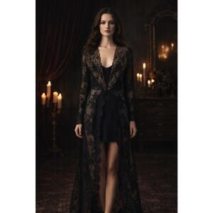 Claire Pettibone Black Floral Lace Long Robe Duster Lingerie M Dark Romance READ